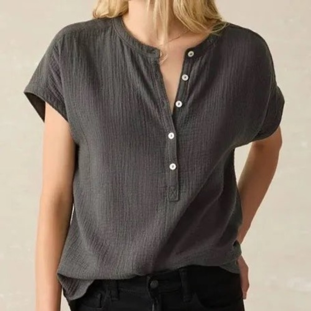 Faherty Willa Top Washed Black Organic Cotton Double Gauze Henley Blouse Medium